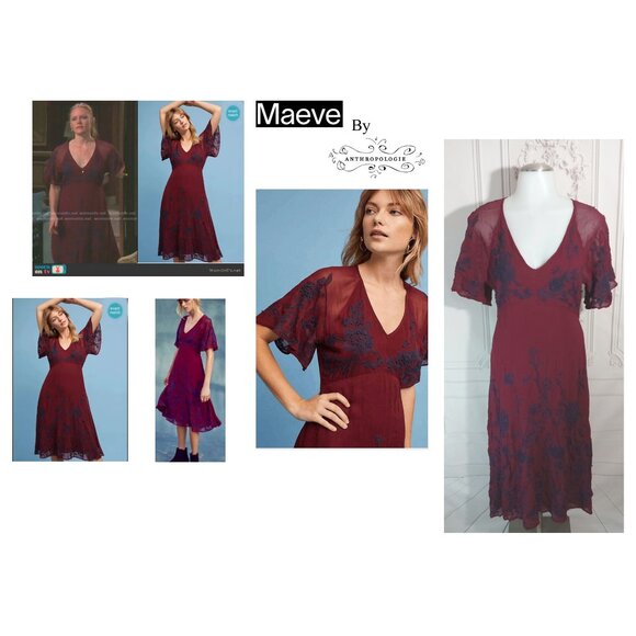 Anthropologie Maeve Francoise Burgundy Embroidered Chiffon  Midi Dress Sz 2/UK 6 - Picture 1 of 15